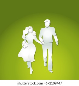 Paper cut art style. Couple man and woman with flowers walking. Romantic outdoor for honeymoon. Vector illustration.