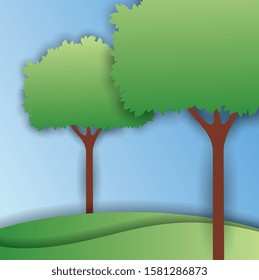 paper cut art trees and mountains. vector illustration