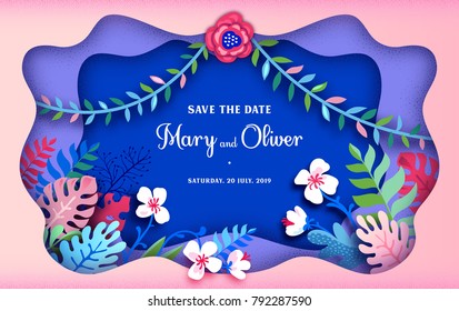 Paper cut art. Trendy Summer Template. Wedding invitation. Also great for greeting cards, St. Valentine's Day and more. Tropical palm leaves, plants, flowers. Exotic. Hawaiian. Space for text. 