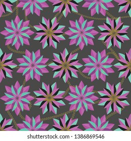 Paper cut art vector illustration with flowers and chains. Seamless repeat pattern with graphic lilac, purple, olive and aqua ornaments.