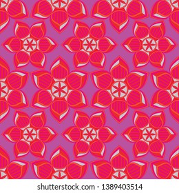 Paper cut art vector illustration with bright flowers. Seamless repeat pattern with graphic pink, lilac and purple ornaments.