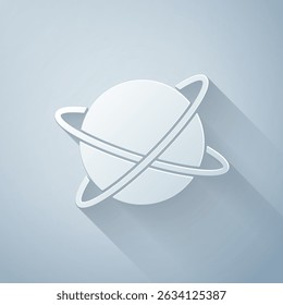 Paper cut Artificial satellites orbiting the planet Earth in outer space icon isolated on grey background. Communication, navigation concept. Paper art style. Vector
