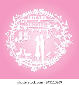 Paper cut arts - silhouette of man and woman hugging and animals couple with text love you forever and my heart belongs to you, vector