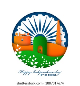 Paper Cut Ashoka Wheel Background with India Famous Monuments, Leaves and Waves For 15th August, Happy Independence Day.