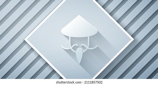 Paper cut Asian or Chinese conical straw hat icon isolated on grey background. Chinese man. Paper art style. Vector