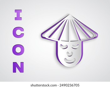 Paper cut Asian or Chinese conical straw hat icon isolated on grey background. Chinese man. Paper art style. Vector