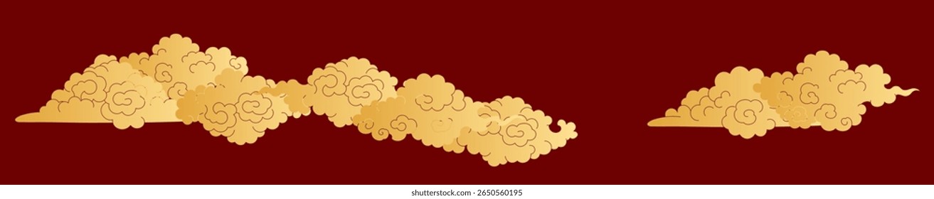 Borde asiático de las nubes del corte de papel aislado, oro sobre fondo rojo. Ilustración vectorial plana dibujada a mano. Elementos de diseño chinos, japoneses, coreanos, arte Clip. Arte tradicional budista thangka