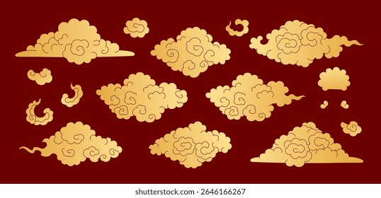 Papel cortar coleção de nuvens asiáticas isoladas, ouro em fundo vermelho. Ilustração de vetor plana desenhada à mão. Elementos de design chineses, japoneses, coreanos, conjunto de clip-arts. Arte tradicional budista thangka