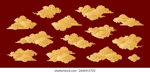 Paper cut Asian clouds collection isolated, gold on red background. Hand drawn flat vector illustration. Chinese, Japanese, Korean design elements, clip art set. Traditional Buddhist thangka art