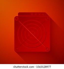 Paper cut ASIC Miner icon isolated on red background. Cryptocurrency mining equipment and hardware. Application specific integrated circuit. Paper art style. Vector Illustration