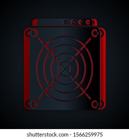 Paper cut ASIC Miner icon isolated on black background. Cryptocurrency mining equipment and hardware. Application specific integrated circuit. Paper art style. Vector Illustration