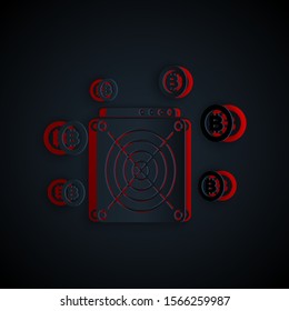 Paper cut ASIC Miner icon isolated on black background. Cryptocurrency mining equipment and hardware. Application specific integrated circuit. Paper art style. Vector Illustration