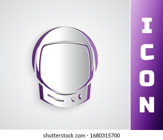 Paper cut Astronaut helmet icon isolated on grey background. Paper art style. Vector Illustration
