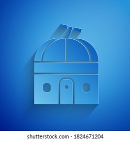 Paper cut Astronomical observatory icon isolated on blue background. Observatory with a telescope. Scientific institution. Paper art style. Vector Illustration