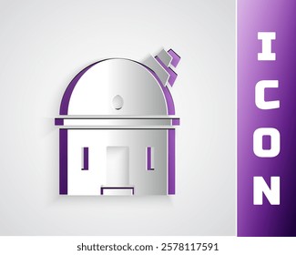 Paper cut Astronomical observatory icon isolated on grey background. Observatory with a telescope. Scientific institution. Paper art style. Vector Illustration