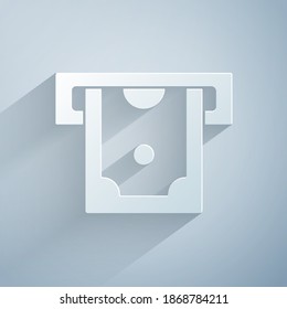 Paper cut ATM - Automated teller machine and money icon isolated on grey background. Paper art style. Vector