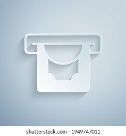 Paper cut ATM - Automated teller machine and money icon isolated on grey background. Paper art style. Vector