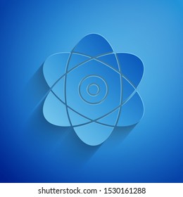 Paper cut Atom icon isolated on blue background. Symbol of science, education, nuclear physics, scientific research. Electrons and protons sign. Paper art style. Vector Illustration