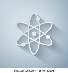 Paper Cut Atom Icon Isolated On Grey Background. Symbol Of Science, Education, Nuclear Physics, Scientific Research. Electrons And Protonssign. Paper Art Style. Vector Illustration