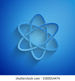 Paper cut Atom icon isolated on blue background. Symbol of science, education, nuclear physics, scientific research. Paper art style. Vector Illustration