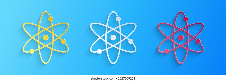 Icono de Atom de corte de papel aislado en fondo azul. Símbolo de ciencia, educación, física nuclear, investigación científica. Electrones y protonssignes. Estilo de arte de papel. Vector.