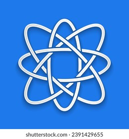 Paper cut Atom icon isolated on blue background. Symbol of science, education, nuclear physics, scientific research. Paper art style. Vector