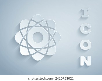 Paper cut Atom icon isolated on grey background. Symbol of science, education, nuclear physics, scientific research. Paper art style. Vector Illustration