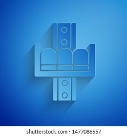Paper cut Attraction carousel icon isolated on blue background. Amusement park. Childrens entertainment playground, recreation park. Paper art style. Vector Illustration
