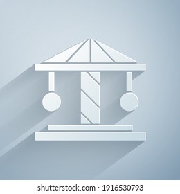 Paper cut Attraction carousel icon isolated on grey background. Amusement park. Childrens entertainment playground, recreation park. Paper art style. Vector