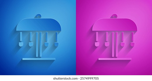 Paper cut Attraction carousel icon isolated on blue and purple background. Amusement park. Childrens entertainment playground, recreation park. Paper art style. Vector