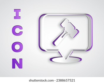 Paper cut Auction hammer icon isolated on grey background. Gavel - hammer of judge or auctioneer. Bidding process, deal done. Auction bidding. Paper art style. Vector