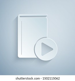 Paper cut Audio book icon isolated on grey background. Play button and book. Audio guide sign. Online learning concept. Paper art style. Vector Illustration