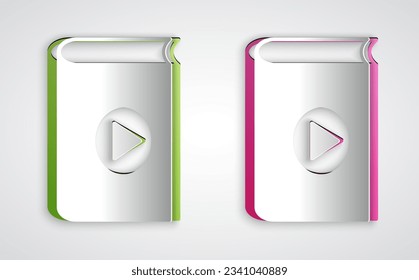 Paper cut Audio book icon isolated on grey background. Play button and book. Audio guide sign. Online learning concept. Paper art style. Vector