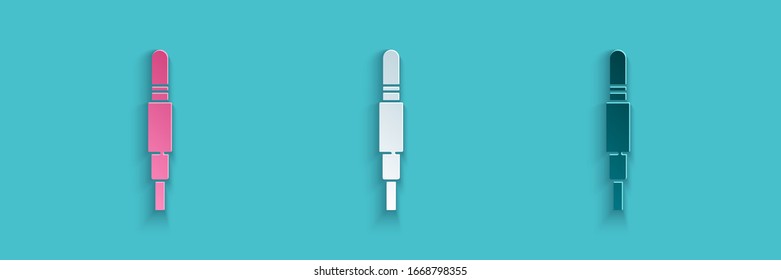 Paper cut Audio jack icon isolated on blue background. Audio cable for connection sound equipment. Plug wire. Musical instrument. Paper art style. Vector Illustration