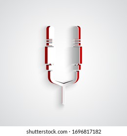 Paper cut Audio jack icon isolated on grey background. Audio cable for connection sound equipment. Plug wire. Musical instrument. Paper art style. Vector Illustration