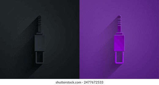 Paper cut Audio jack icon isolated on black on purple background. Audio cable for connection sound equipment. Plug wire. Musical instrument. Paper art style. Vector