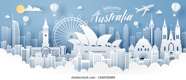 Paper Cut Of Australia Landmark, Travel And Tourism Concept, Eps 10 Vector.