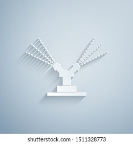 Paper cut Automatic irrigation sprinklers icon isolated on grey background. Watering equipment. Garden element. Spray gun icon. Paper art style. Vector Illustration