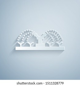 Paper cut Automatic irrigation sprinklers icon isolated on grey background. Watering equipment. Garden element. Spray gun icon. Paper art style. Vector Illustration