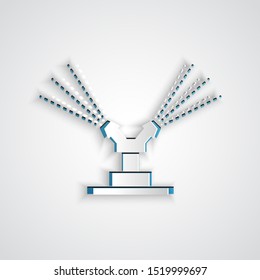 Paper cut Automatic irrigation sprinklers icon isolated on grey background. Watering equipment. Garden element. Spray gun icon. Paper art style. Vector Illustration