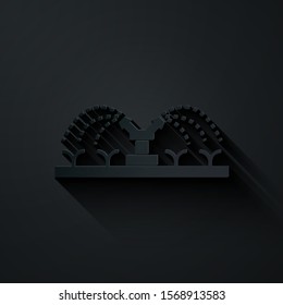 Paper cut Automatic irrigation sprinklers icon isolated on black background. Watering equipment. Garden element. Spray gun icon. Paper art style. Vector Illustration
