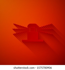 Paper cut Automatic irrigation sprinklers icon isolated on red background. Watering equipment. Garden element. Spray gun icon. Paper art style. Vector Illustration