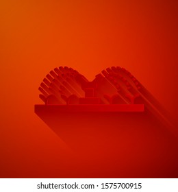 Paper cut Automatic irrigation sprinklers icon isolated on red background. Watering equipment. Garden element. Spray gun icon. Paper art style. Vector Illustration