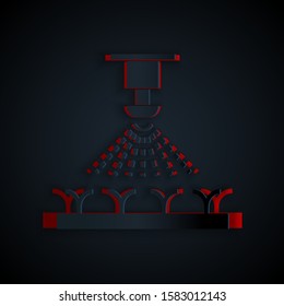 Paper cut Automatic irrigation sprinklers icon isolated on black background. Watering equipment. Garden element. Spray gun icon. Paper art style. Vector Illustration