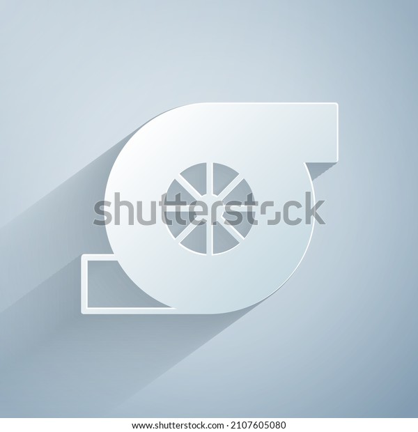 Paper cut Automotive turbocharger icon\
isolated on grey background. Vehicle performance turbo. Turbo\
compressor induction. Paper art style.\
Vector