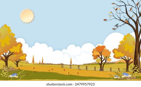 Paper cut Autumn landscape of farm field with cloud, blue sky background,Paper art Mid Autumn in countryside in village with grass land in orange foliage,Vector banner for fall or Autumnal background