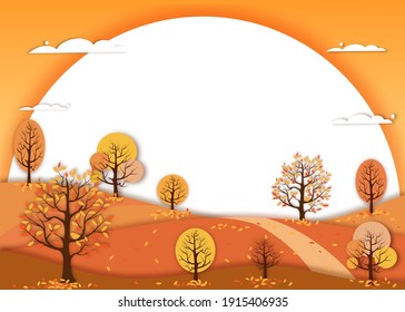 Paper cut autumn landscape with mountain and leaves falling from trees,Vector Horizontal banner of cartoon paper art of Fall season in countryside with farm field landscape in orange foliage