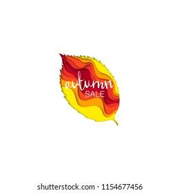 Paper cut autumn leaf shape 3D design. Template of lettering for postcard, banner, poster, placard. Colorful vector illustration.