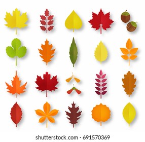 Paper cut autumn leaves set. Fall leaves colorful paper collection. Vector illustration