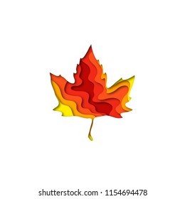 Paper cut autumn maple leaf shape 3D design. Template of lettering for postcard, banner, poster, placard.  Colorful vector illustration.